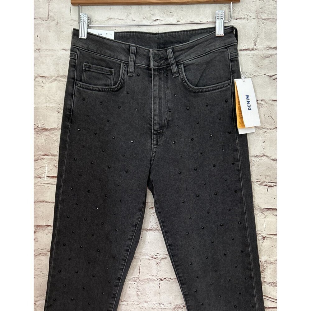 H&M Denim Slim Ankle High Waist Denim Jean Faded Black Studded Womens Size 29